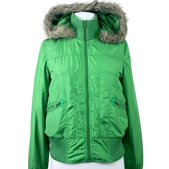 Miss Me Green Bomber Jacket Faux Fur Trim Size Medium - Picture 1 of 7